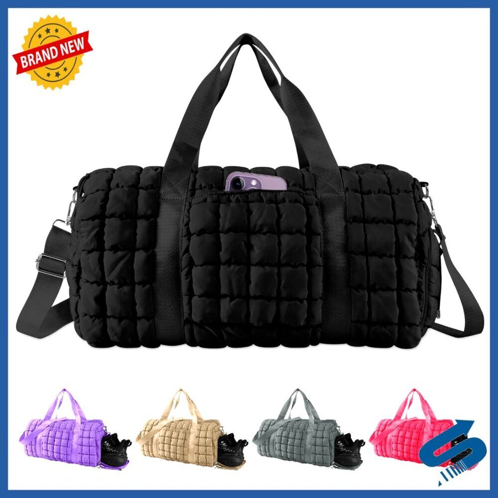 Large Quilted Travel Duffle Bag with Multiple Compartments for Gym and Overnight